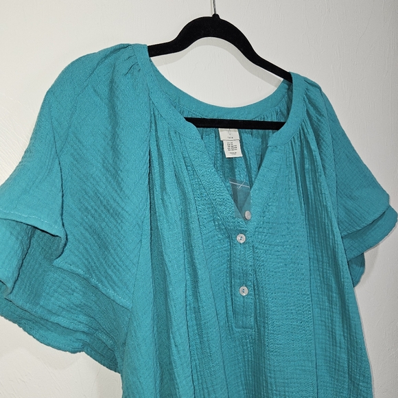 NWT Joie Blouse Teal Women Plus Size 1X Cotton Crinkle Flowy Flutter Sleeve NEW - Picture 4 of 16